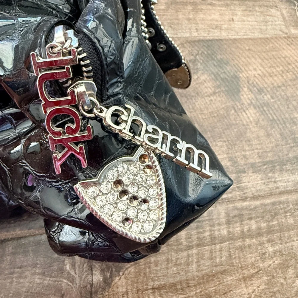 Charm and Luck Y2K Black Rhinestone Buckle Patent Croc Satchel Bag, Medium